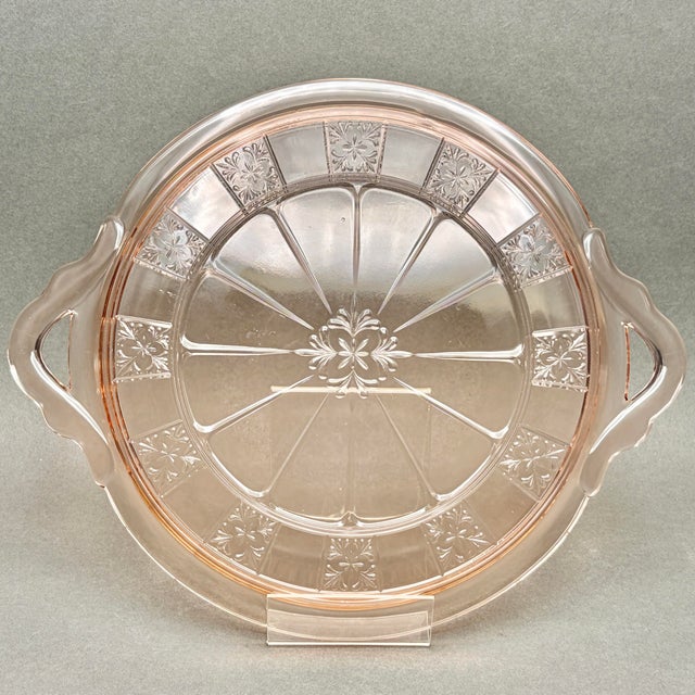 Vintage Pink Depression Glass Handled Cake Plate in Federal Glass Rosemary Pattern For Sale - Image 10 of 10