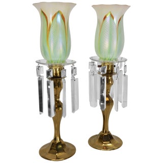 Steuben Pulled Feather Shades on Antique Brass Lamp With Prisms - a Pair For Sale