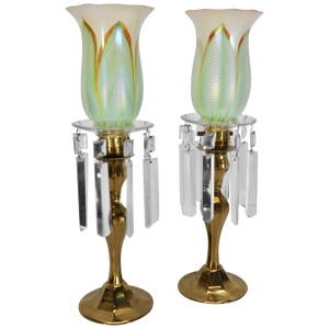 Steuben Pulled Feather Shades on Antique Brass Lamp With Prisms - a Pair