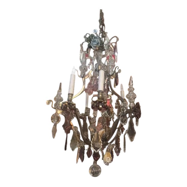 1900s French Silver Bronze Chandelier With Amethyst Crystal & Grape Motif For Sale