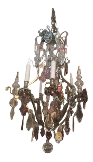 1900s French Silver Bronze Chandelier With Amethyst Crystal & Grape Motif