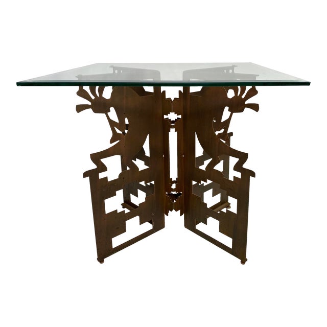 Native American Influenced Metal Base Glass Top Coffee Table For Sale