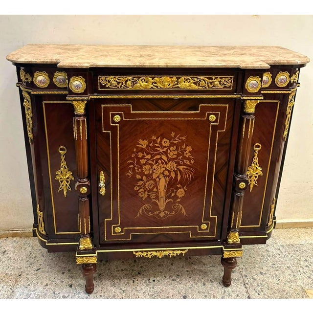 French French Louis XVI Marble Top Sideboard Cabinet With Floral Marquetry, Bronze Ormolu & Hand-Finished Gold Leaf Details For Sale - Image 3 of 4