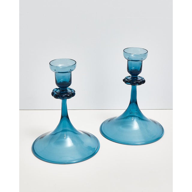 Mid Century Blue Glass Orrefors Swedish Candlestick Pair For Sale - Image 13 of 15