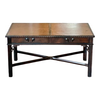 1940s Mahogany Chippendale Style Coffee Table With Leather Top and Drawers by Imperial For Sale