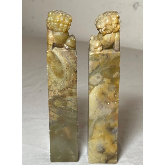 Chinese Pair Antique Hand Carved Chinese Hard Stone Chop Seal Block Foo Lion Sculpture For Sale - Image 3 of 13
