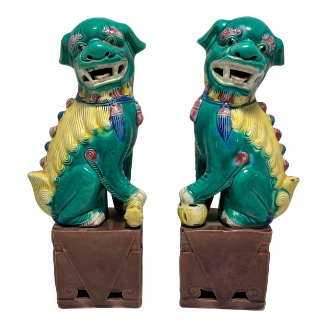 Pair of Vintage Chinese Hand Painted Glazed Pottery Foo Dogs, Marked For Sale