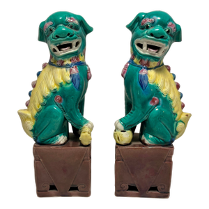Pair of Vintage Chinese Hand Painted Glazed Pottery Foo Dogs, Marked