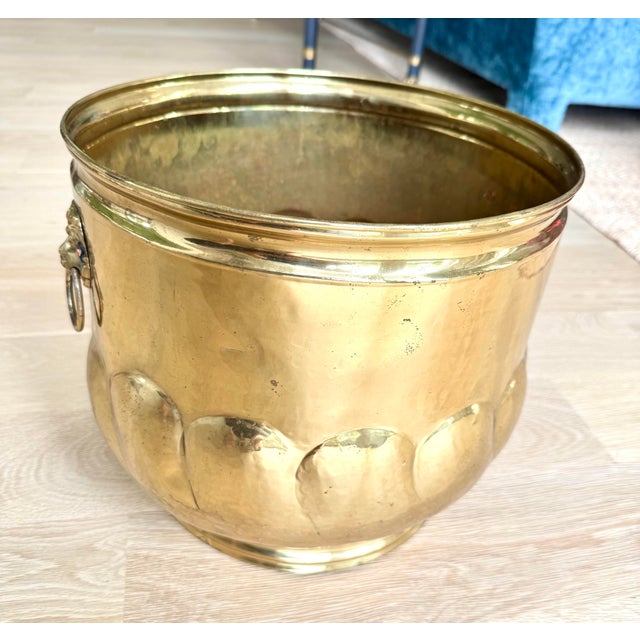 Metal Vintage English Hand-Hammered Brass Lion Head Cachepot Jardinière For Sale - Image 7 of 12