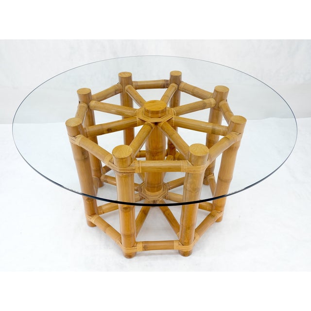 Mid-Century Modern Large 54" Diameter Glass Top Thick Bamboo Base Dining Table Decorative For Sale - Image 3 of 8