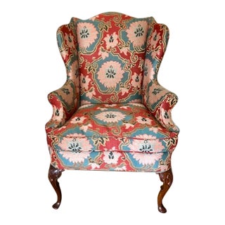 Colorful Wingback Chair With Fabulous Geometric Floral Upholstery For Sale