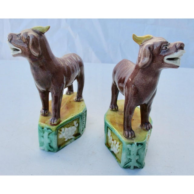 Boho Chic Chinese Tri- Color Porcelain Kylin Buddhists Animals - a Pair For Sale - Image 3 of 7