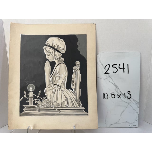 1940s Original Signed Graphite Illustration of Praying Girl by Candlelight, 13 × 10.5 In. For Sale In Atlanta - Image 6 of 6