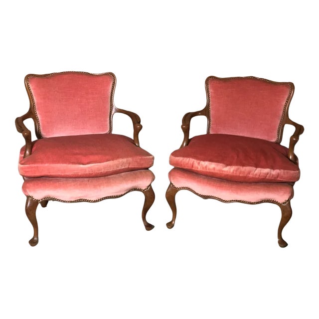 Set of Mid-Century English Oak and Pink Velvet Lounge Chairs For Sale