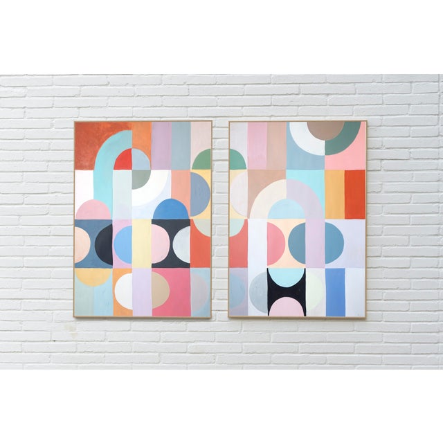 Celestial Bodies by Natalia Roman is a contemporary geometric abstraction that evokes shifting atmospheres through a...