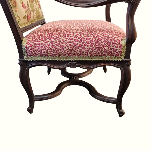 Wood Antique French Louis XV Style Carved Walnut Fauteuil Armchairs, Tree of Life and Leopard Upholstery – Pair For Sale - Image 7 of 10