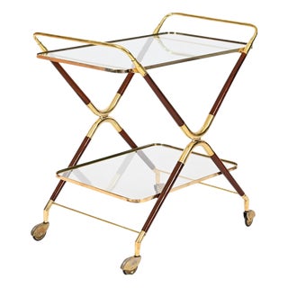 Mid-Century Modern Bar Cart in Brass and Wood by Cesare Lacca, Italy, 1950s For Sale