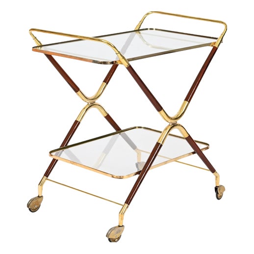 Mid-Century Modern Bar Cart in Brass and Wood by Cesare Lacca, Italy, 1950s For Sale