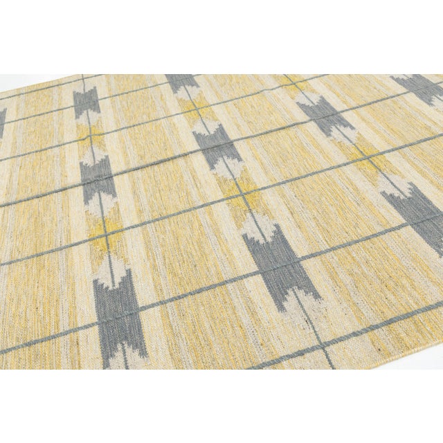 Textile Swedish Style Flat-Weave Wool Rug in Warm Gold, Soft Grey, and Ivory Geometric For Sale - Image 7 of 12