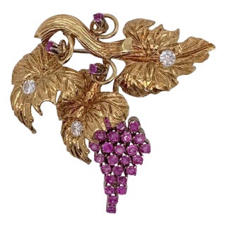 18 Karat Gold Grapevine Brooch With 2 Carat Rubies and .45 Carat Diamonds For Sale