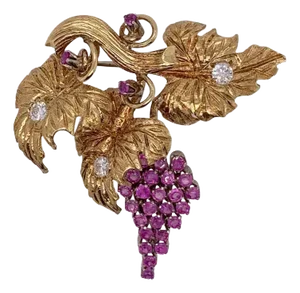 18 Karat Gold Grapevine Brooch With 2 Carat Rubies and .45 Carat Diamonds