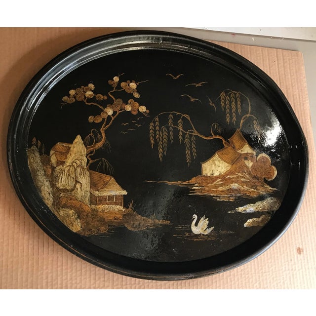 Chinoiserie Antique Black Tole Chinoiserie Serving Tray For Sale - Image 3 of 12