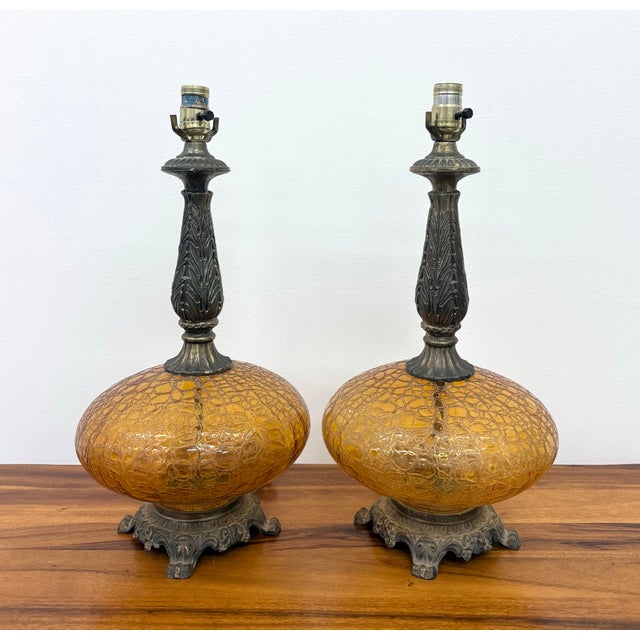 Hollywood Regency Vintage Crackle Glass Table Lamps - Pair For Sale - Image 3 of 6
