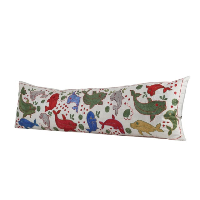 Uzbek Traditional Suzani Fish Design Bedding Pillow Cover For Sale - Image 4 of 5