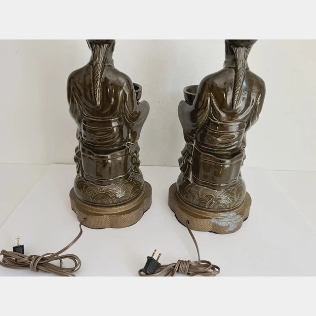 1960s Figurative Asian Planter Lamps & Shell Shades, Pair For Sale - Image 16 of 17