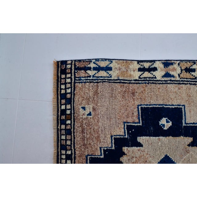 Vintage Anatolian Wool Runner, Hand-Woven Kilim With Deep Blue Geometric and Animal Motifs For Sale - Image 4 of 10