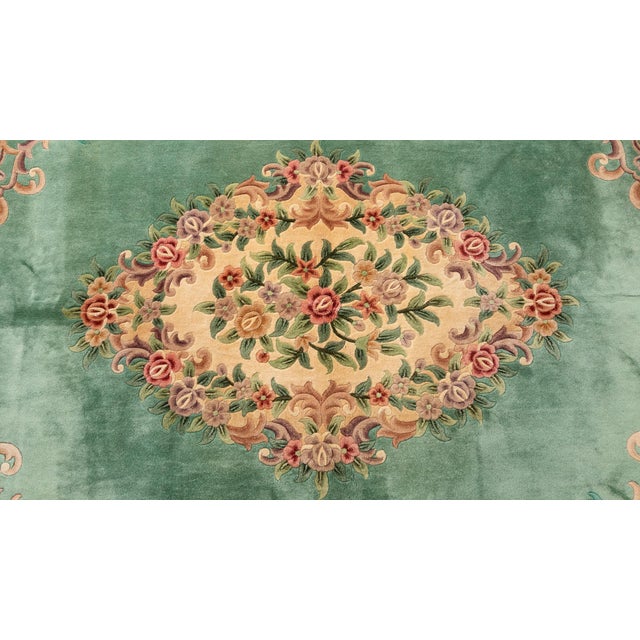 French Green Wool and Floral Rug in the style of Aubusson, 20th Century For Sale - Image 3 of 9