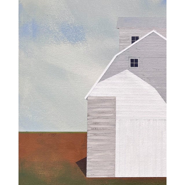 Contemporary On the Outskirts by Justin Wheatley | Acrylic on Canvas White Barn in Open Field For Sale - Image 3 of 11