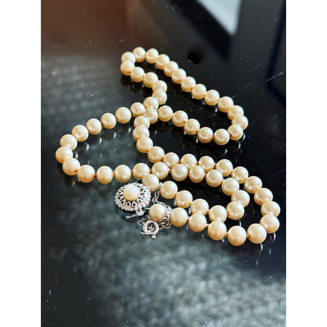 Glass Vintage Mid Century Glass Faux Pearl Necklace With Filigree Box Clasp For Sale - Image 7 of 12