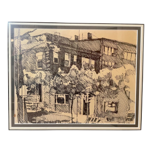Vintage 75' Original S. Stirling Stylized Ink Drawing Apartment Cityscape Sketch