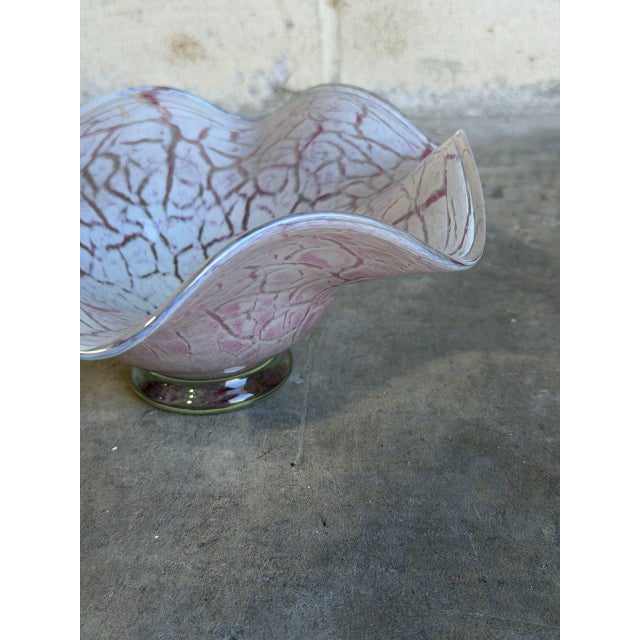 Pink Ruffled Art Glass Centerpiece Bowl Pink and White Mottled Murano Style 1970s For Sale - Image 8 of 10
