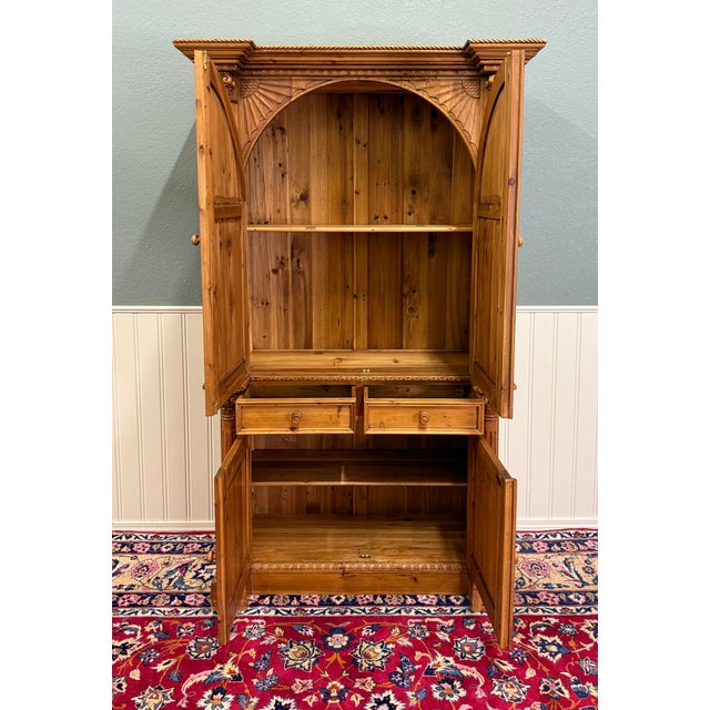 Brown Vintage English Large Pine Cupboard Cabinet Corinthian Capitals Fluted Columns For Sale - Image 8 of 16