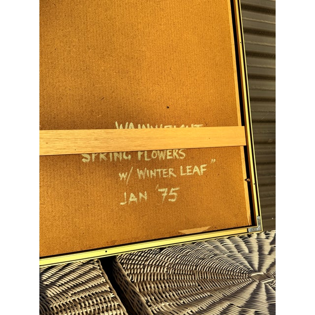 1970s Framed Signed Wainwright Floral Painting Titled "Spring Flowers With Winter Leaf," Dated Jan '75 For Sale - Image 5 of 5