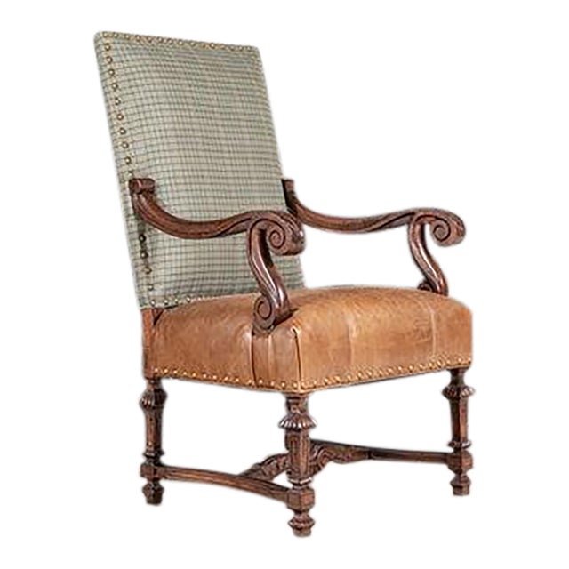 Late 20th Century Leather and Fabric Upholstered Library Chair For Sale