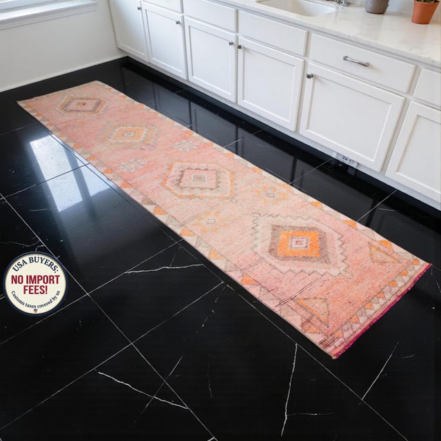 Tribal Hand-Knotted Turkish Runner Rug . Low Pile Hallway Kitchen Decor - 3′ × 12′3″ For Sale - Image 3 of 18