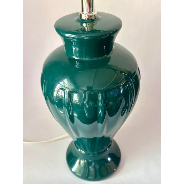 Postmodern Emerald-Green Ribbed Ceramic Lamps, Pair For Sale - Image 3 of 11