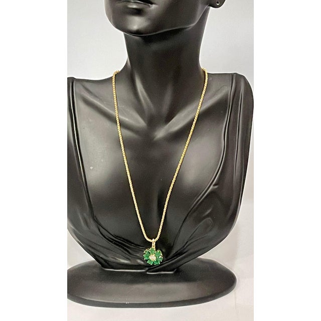 Emerald and Solitaire Diamonds Flower Pendant Necklace 14 Karat Yellow Gold For Sale - Image 12 of 18