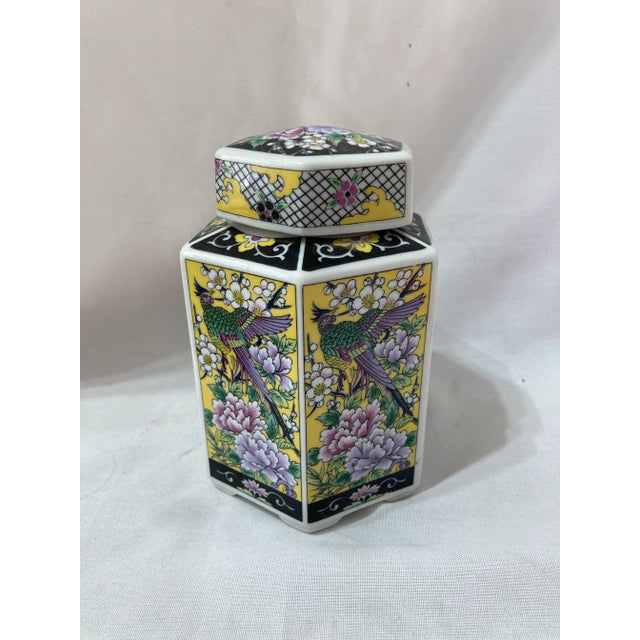 Vintage Japanese Colorful Ceramic Ardco Ginger Jar Tea Canister with Flowers & Birds For Sale - Image 4 of 7