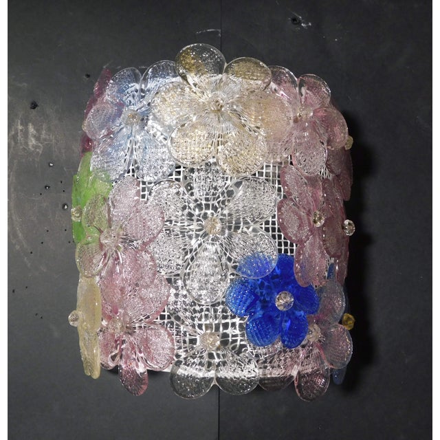 Vintage Italian wall light with multicolored hand blown Murano glass flowers / Made in Italy in the 1960s in the style of...