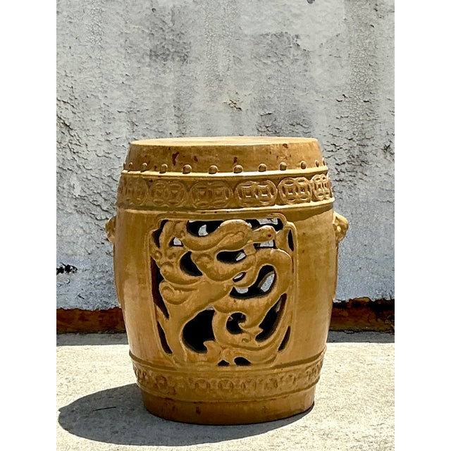 Late 20th Century Vintage Boho Glazed Ceramic Medallion Low Stool For Sale - Image 5 of 6