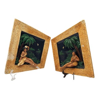 1950s Rare MCM Tropical Hula Girl & Ukulele Boy Art Pottery 3d Wall Sculptural, Pair For Sale