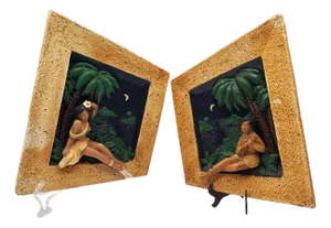 1950s Rare MCM Tropical Hula Girl & Ukulele Boy Art Pottery 3d Wall Sculptural, Pair