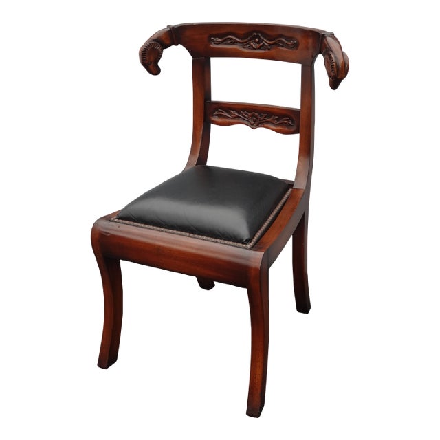 Vintage Regency Style Rams Head Chair W Leather Seat and Decorative Nails For Sale