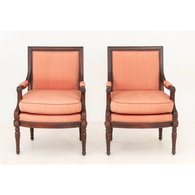 1940s Pair of Louis XVI Style Carved Mahogany Fauteuils, Ex-Estate of Gilbert C. Maurer For Sale - Image 4 of 6