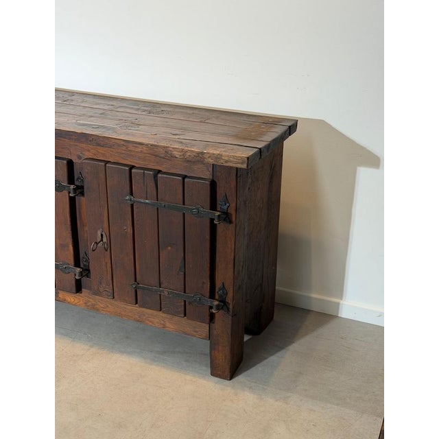 Large Brutalist Wood Sideboard with Hand-Forged Iron Hardware For Sale - Image 5 of 6