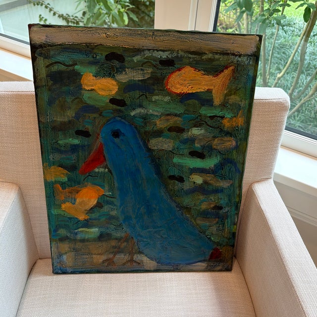 Blue Denise Regan “Bluebird on a Beach” 2005 Mixed Media Painting For Sale - Image 8 of 11
